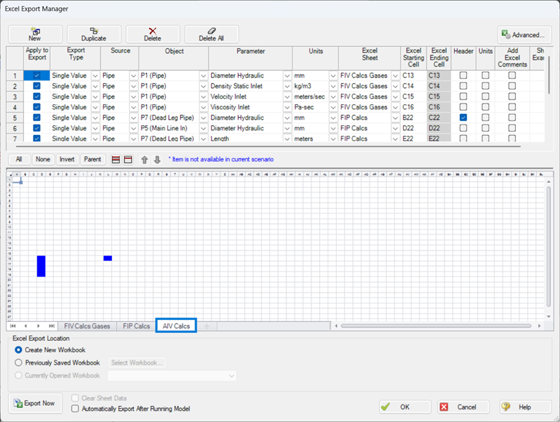 Screen shot of the Excel Export Manager window